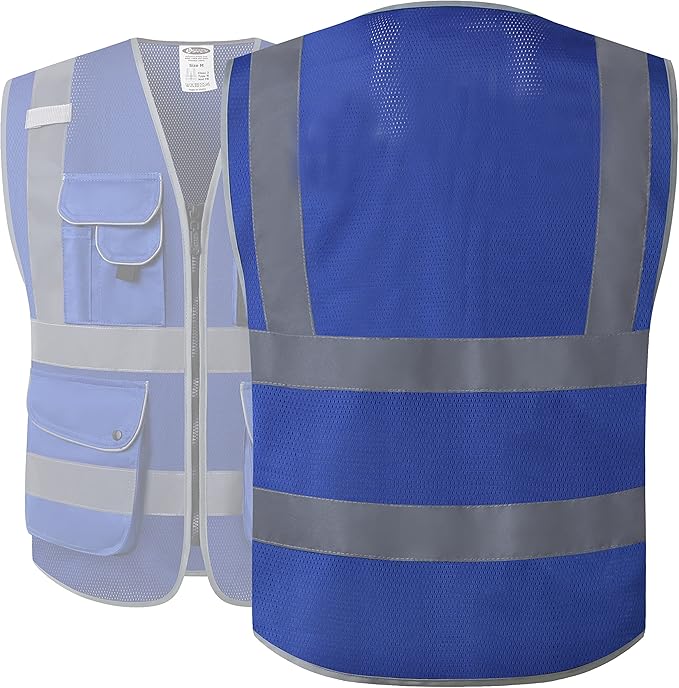 JKSafety 9 Pockets High Visibility Safety Vest for Men and Women, Hi-Vis Reflective Blue Safety Vests with Zipper Front, Meet ANSI/ISEA Standards(159-Blue 5XL)