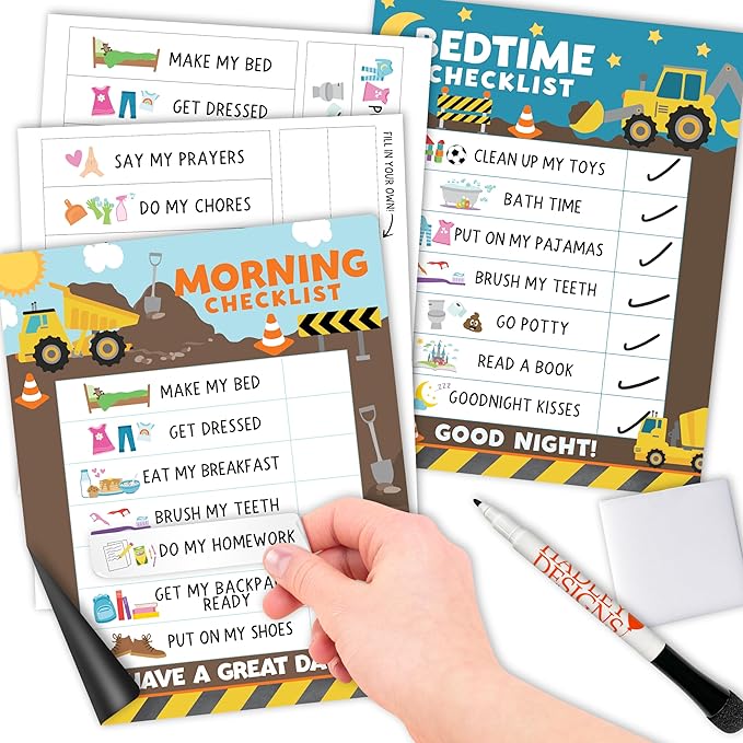 Magnetic Morning & Bedtime Routine Chart for Kids - Customizable Toddler Daily Schedule Board with Dry Erase Surface, Stickers & Marker, Build Habits with Visual Checklists, Construction Theme