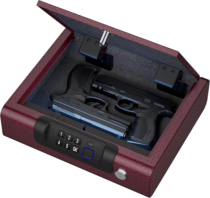 Gun Safe,Biometric Gun Safe for Pistols 3-Ways unlock Fingerprint Digital PIN Key Unlock with Voice,Lock box for Cloakroom living room Bedroom Nightstand and Car BILLCONCH - Burgundy Red