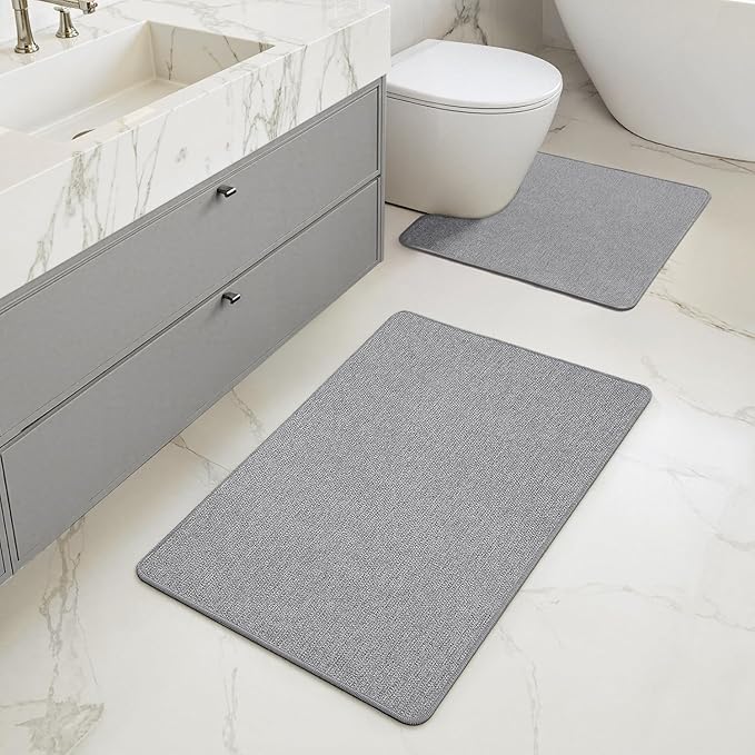 MIULEE Set of 2 Ultra Thin Bathroom Rugs, Rubber Bath Mat, U-Shaped Toilet Rug for Bathroom, Non Slip Quick Dry Absorbent Machine Washable, Fit Under Door, Shower, Sink, Grey, 17"x27"+20"x24"