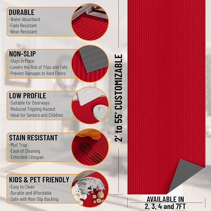Ottomanson 2' x 53' Hallway Runner with Scraper Pile - Extra Durable Non-Slip Rug Mat for Indoor & Outdoor Use - Ideal for Kitchen, Entryway, Patio & Garage - High-Traffic Carpet, Red