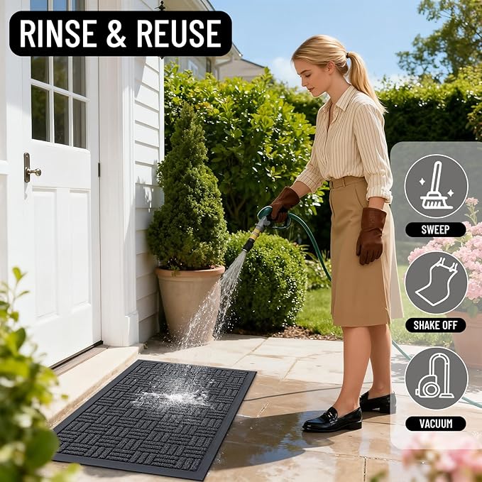 OLANLY Front Door Mat Outside Entrance 47x23, Absorbent, Heavy Duty Sturdy Natural Rubber Doormat Indoor Outdoor, Non-Slip, Stain and Fade Resistant, Low Profile Floor Mat for Entryway, Black Gray