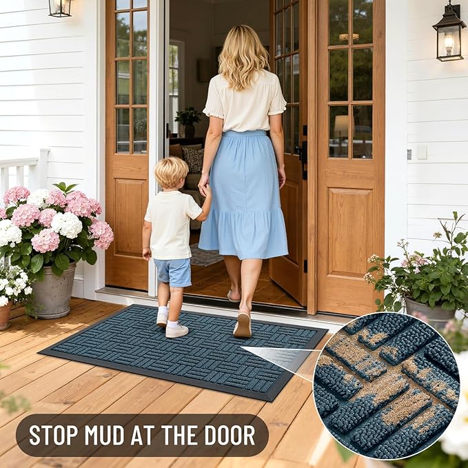 OLANLY Front Door Mat Outside Entrance 71x47, Absorbent, Heavy Duty Sturdy Natural Rubber Doormat Indoor Outdoor, Non-Slip, Stain and Fade Resistant, Low Profile Floor Mat for Entryway, Lake Blue