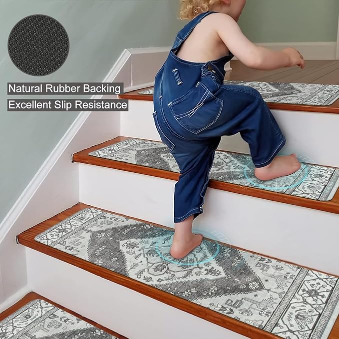 OJIA Extra Non-Slip Stair Treads for Wooden Steps, 30"X8" Indoor Stair Runners Slip Resistant Stair Rugs Safety Mats for Dogs, Kids & Elders, Rubber Backed Stair Treads Stair Covers (15PC, Gray)