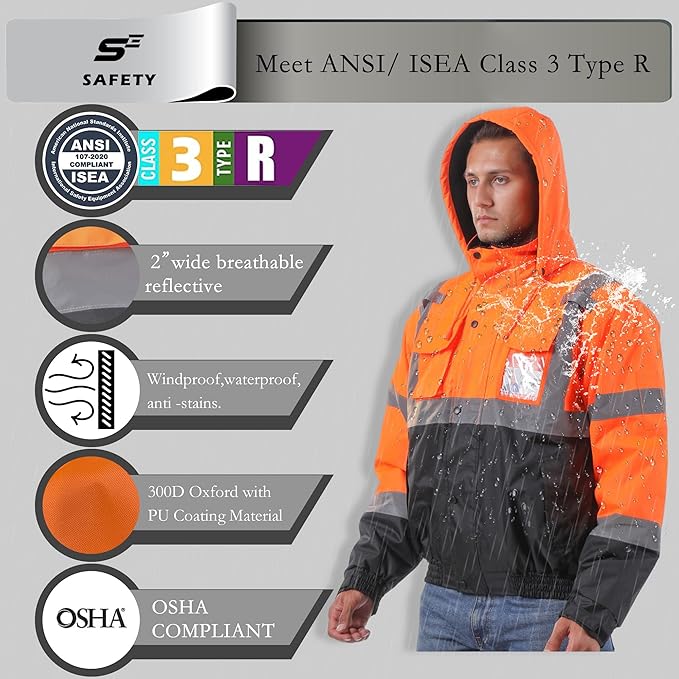 sesafety Reflective Jacket for Men, High Visibility Jackets, Safety Jackets for Men, Hi Vis Construction Bomber Jackets Waterproof with Pockets and Zipper, Black Bottom, Class 3