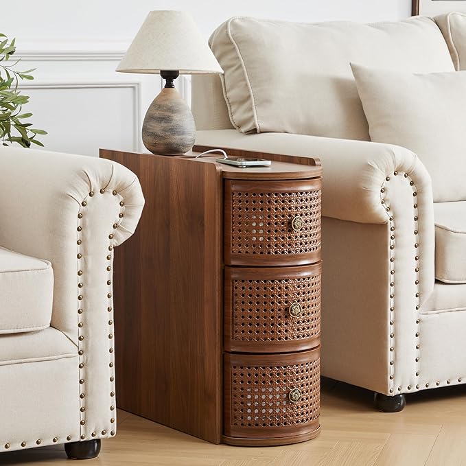 Metal Rattan Narrow End Table with Charging Station Set of 2, Farmhouse Side Table with Drawers Storage, Small Night Stand with Power Outlets and USB Ports, Sofa Side Table for Living Room - Walnut