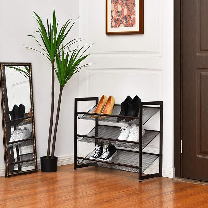 Giantex 3-Tier Metal Shoe Rack, Shoe Storage Organizer with Adjustable Angled or Flat Mesh Shelf for 9 to 12 Pairs of Shoes, Freestanding Shoe Shelf for Bedroom, Entryway, Closet, Hallway