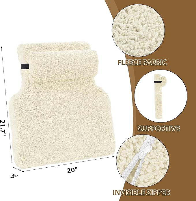HOMBYS Sherpa Fleece Lumbar Support Pillow with Headrest, Memory Foam Recliner Chair Cushion for Back Pain, Big High Back Support with Chair Headrest for Elderly (Beige)
