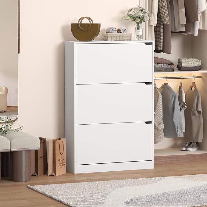 Shoe Cabinet with 3 Flip Drawers, 47" Slim Hidden Wood Shoe Storage Cabinet with Adjustable Shelf, Freestanding Narrow Shoe Rack Organizer for Entryway, Hallway, White