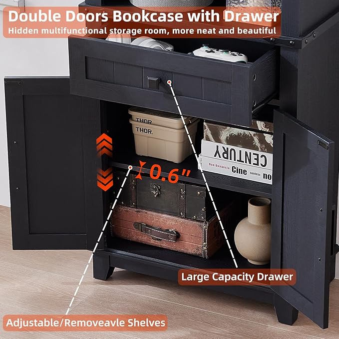 72in Tall Bookshelf 7 Tier Bookcase with Drawer and Barn Doors and Adjustable Shelves, Black Farmhouse Book Shelf with Storage Cabinet, Wood Freestanding Display Bookshelves for Kitchen (2PCS)
