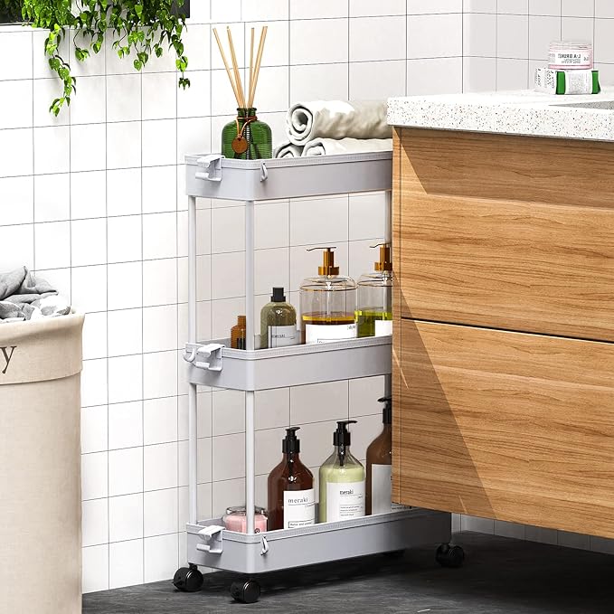 SPACEKEEPER Slim Rolling Storage Cart, 3 Tier Storage Organizer Laundry Room Organizer Mobile Shelving Unit, Multi-Purpose for Kitchen Office Bathroom Laundry Narrow Places, Gray
