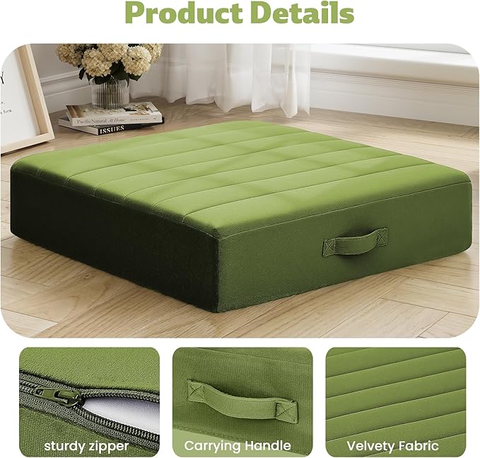 MeMoreCool Square Floor Pillows for Adults Kids, 2 Sets Large Meditation Cushion with 5" Thick Foam and Washable Tufted Cover, 22 Inch Green Seat Floor Cushions for Sitting and Yoga