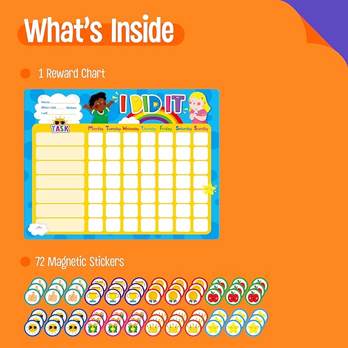 Magnetic Reward Chart, Dry Erase Task Board-One Chart & 72 Magnetic Reward Magnets, Behavior Tracker for Daily Routine, Potty Training