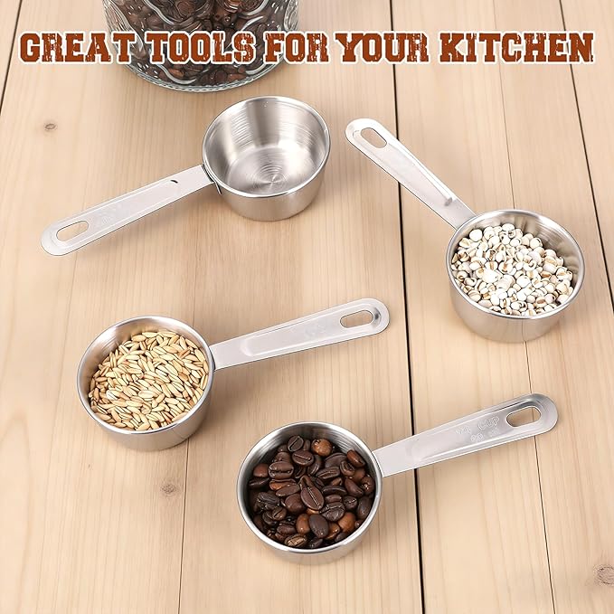 4 Pcs 1/4 Cup Measuring Cups, 1/4 Cup Scoop, 60ml 2oz Stainless Steel Measuring Cups Kitchen Gadgets Metal Measure Scoop for Cooking & Baking, Dishwasher Safe
