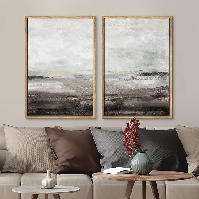 MUDECOR Framed Wall Art Print Set Brown and Gray Grunge Paint Stroke Landscape Abstract Shapes Illustrations Modern Minimalist Chic Relax/Calm for Living Room, Bedroom, Office - 16"x24"x2 Natural