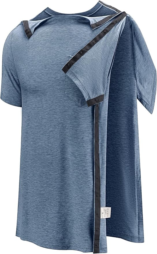 Poriff Men's Post Shoulder Surgery Recovery Shirts Full Tear Away Short Sleeve Snap Chemo Port Access Shirt