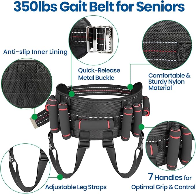 Aliseniors Gait Belt Transfer Belt, Gait Belt with 7 Handles - Quick Release Buckle & Leg Straps, Gait Belts for Seniors, Medical Nursing Patient Safety Belt Lift Strap for Physical Therapy