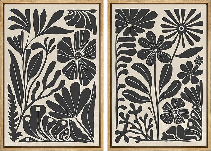 MUDECOR Framed Canvas Wall Art Abstract Floral Botanical Prints Minimalist Modern Art Boho Wall Decor for Bedroom - 16"x24"x2 Natural