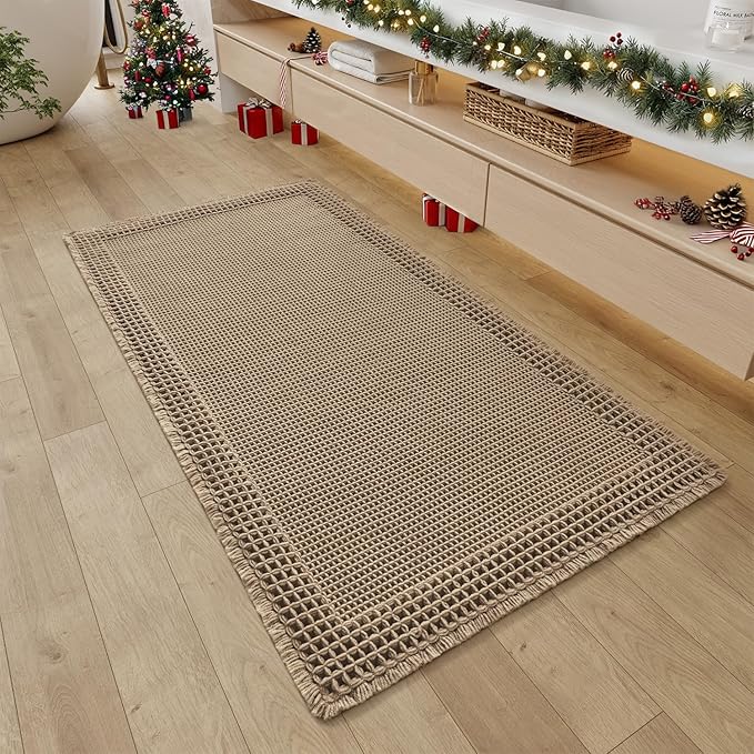 RESARE Waffle Bathroom Runner Rugs, Super Absorbent Bath Mat Non Slip Washable Quick Dry, Upgraded Ultra Soft Boho Bath Rugs with Tassels for Hallway Bedroom Laundry Room, 2'x4'(24"x48"), Brown
