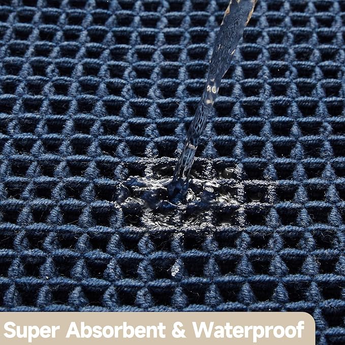 Waffle Bath Mat, Boho Bathroom Rugs Non Slip Washable Super Absorbent Quick Dry Bath Mat Farmhouse Bathroom Decor, 24"x16" Navy Blue