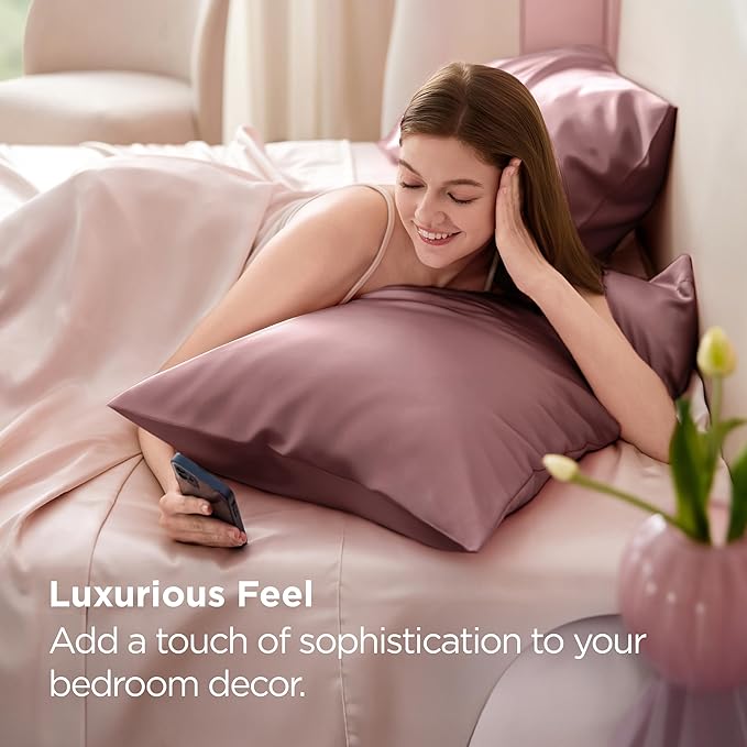 Bedsure Satin Pillowcase 2 Pack Similar to Silk Pillow Cases Standard Size, Pillow Case for Sleeping Women with Envelope Closure, Gifts for Women Men, Nostalgia Rose, 20x26 Inches, 2pcs