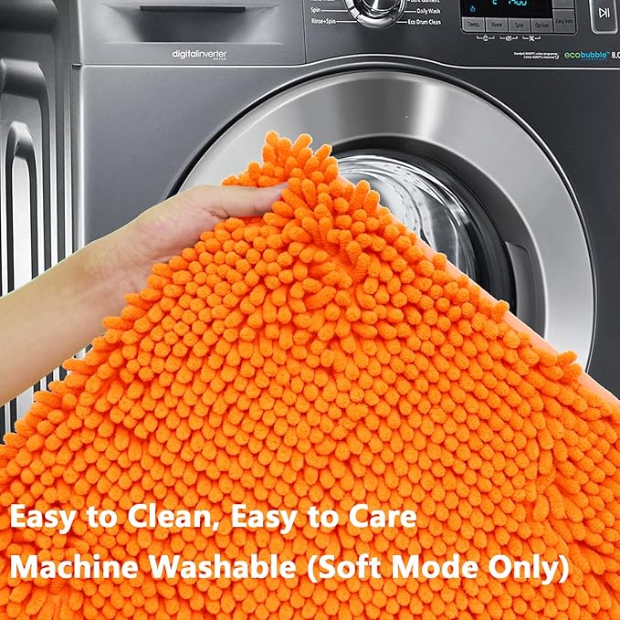 BOANKODU Bath Mat Sets 2 Piece, Soft Chenille Absorbent Non-Slip Mat, 32x20 U Shape + 20x20 Inch; Machine Washable (Orange)