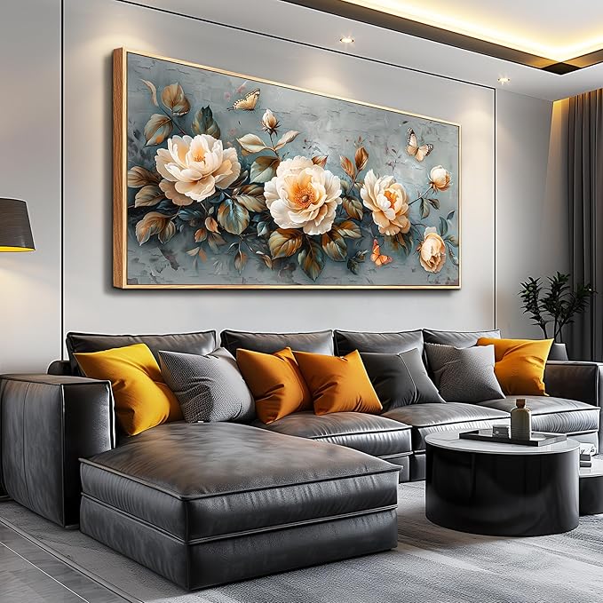 PHAOHUAXM Wall Art For Living Room Large Canvas Wall Decoration For Bedroom White Ink-Wash Flower Wood Frame Paintings Office Restaurant Room Mural Printing Artwork Ready To Hang Home Decor 24"X48"