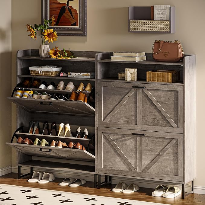 Shoe Cabinet with 2 Flip Drawers, 45" Freestanding Narrow Wood Shoe Storage Cabinet with Metal Legs and Hooks, Slim Shoe Rack Organizer for Entryway, Hallway, Grey