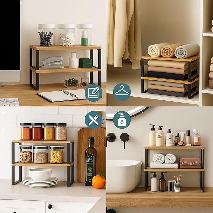 Sben Cabinet Organizer Shelf, Set of 2 Kitchen Counter Shelves, Kitchen Storage, Spice Rack, Stackable, Expandable, Metal and Engineered Wood, Ink Black and Natural Beige