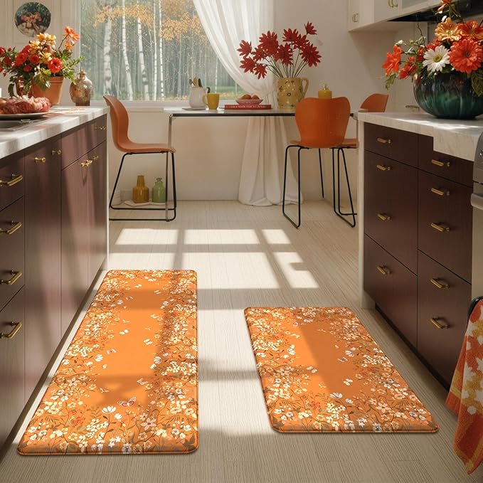 KIMODE Fall Kitchen Mats Cushioned Anti Fatigue, Orange Farmhouse Kitchen Rugs Sets of 2, Halloween Kitchen Mats for Floor, Padded Kitchen Floor Mats for Sink Laundry Office Desk 20"x47"+20"x32"