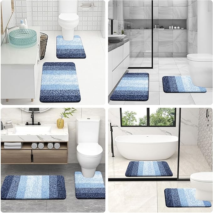 OLANLY Bathroom Rug Set 2 Piece, Soft Absorbent Microfiber Bath Mats and U-Shaped Contour Toilet Rug, Non-Slip, Machine Wash Dry, Plush Shaggy Bath Mats for Bathroom (30"x20"+24"x20", Navy)
