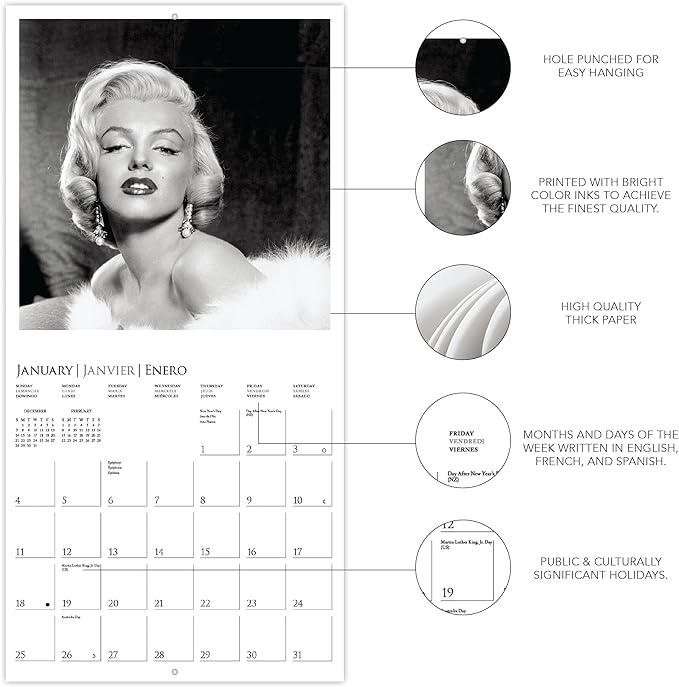 Graphique 2026 Marilyn Monroe Wall Calendar | 12” x 12” | Thick Paper | Home & Office Organizer | Large Monthly Grid | 3 Languages & Marked Holidays | 4 Month Preview Page for 2027