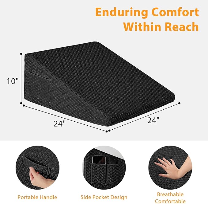Wedge Pillow for Acid Reflux, Bed Wedge Pillow for Headboard 10", Pillow Wedge for Back Pain Relief, Post Surgery, Elevated Pillows for Sleeping, Snoring, Triangle Pillow with Cover, Black