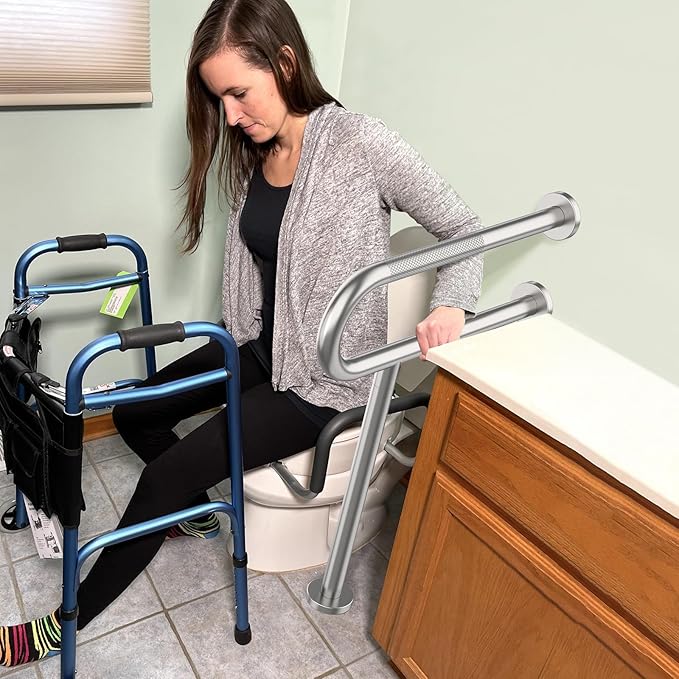 Toilet Support Rail 23.4X 28 Inch, Munzong Anti-Slip Satin Brushed Nickel Handicap Grab Bar for Bathroom, Stainless Steel Knurled Safety handrails with Leg for Elderly Disabled Pregnant-1.25’Tube