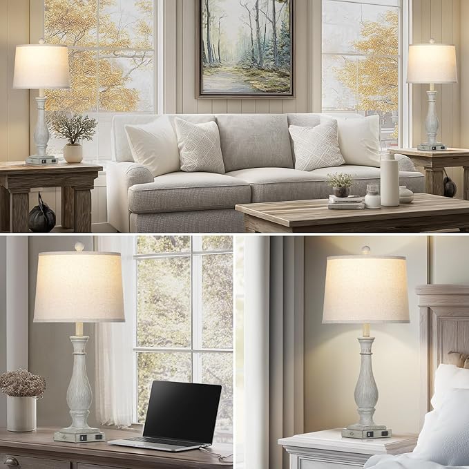 27.5" Grey Farmhouse Lamps Set of 2, Vintage Living Room Table Lamps with USB C+A Ports & AC Outlet, 3-Way Touch Control Bedside Lamp, Rustic Resin Bedroom Lamp for Nightstand Side Table Desk