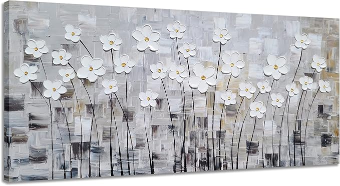 YHSKY ARTS Flower Picture Wall Decor with Heavy Textured Modern Grey and White 3D Paintings Contemporary Aesthetic Artwork for Living Room Bedroom Bathroom Decor