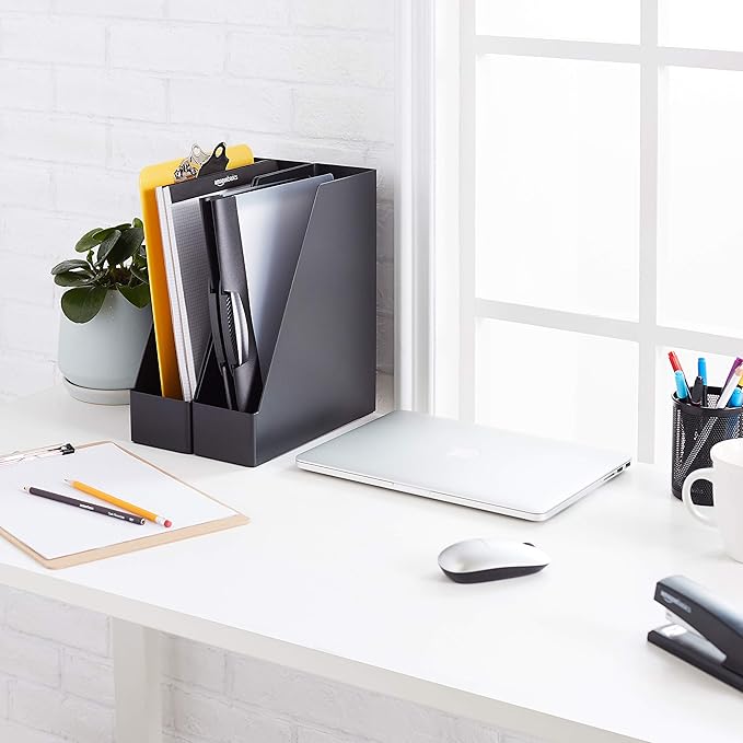 Amazon Basics Plastic Desk Organizer - Vertical Magazine and File Holder, Black, 12-Pack