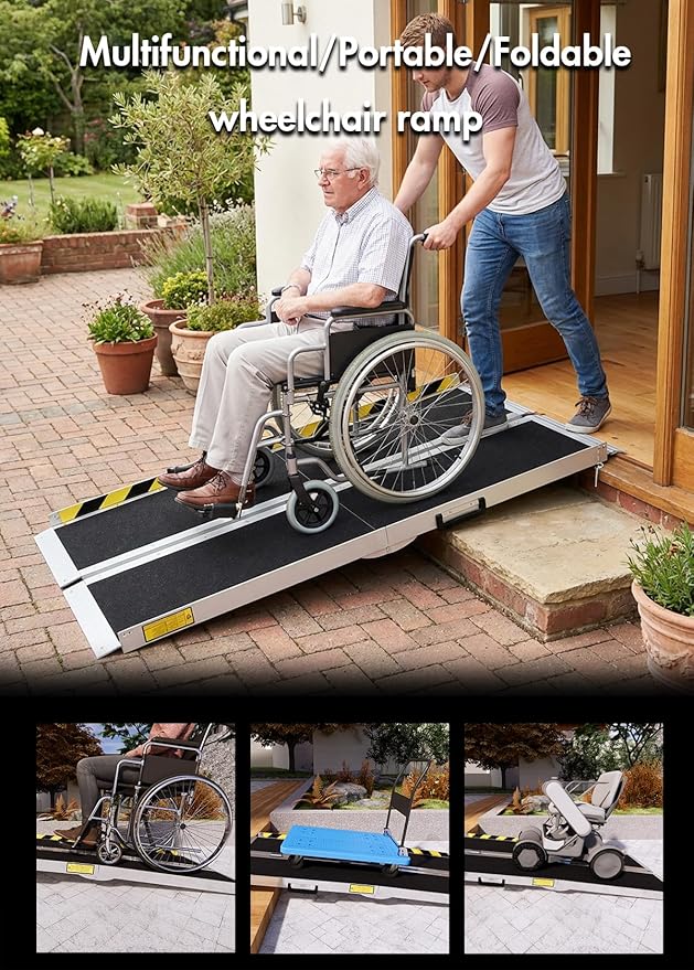 Protable Wheelchair ramp 6FT,Non-Slip Folding Aluminum Handicap Ramps,Threshold Ramps for Home,Holds up to 600lbs,Wheelchair ramp for Steps,Stairs,Doorways (6FT Useing Height 6-18inch)