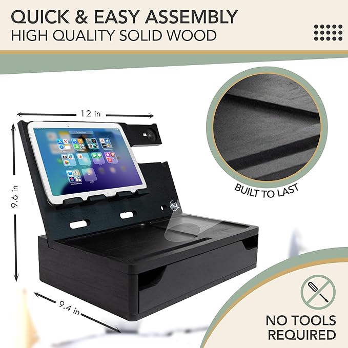 Nightstand Organizer with Drawer- Wood Phone Docking Station- Desk Organizer for Two Phones or Tablet, Watches, Headphone & Accessories- Unique Gifts for Men, Dad or Son (Black)