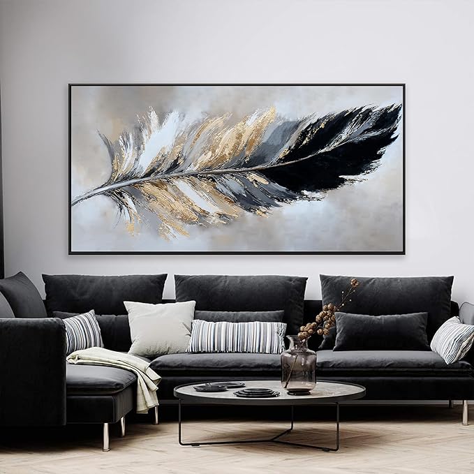 Canvas Art Wall Decor Modern Large Wall Decor Abstract Wall Art for Living Room Modern Home Decorations 29"X58" With Framed Painting Black and Gold Minimalist Abstract Art Feather Home Artwork