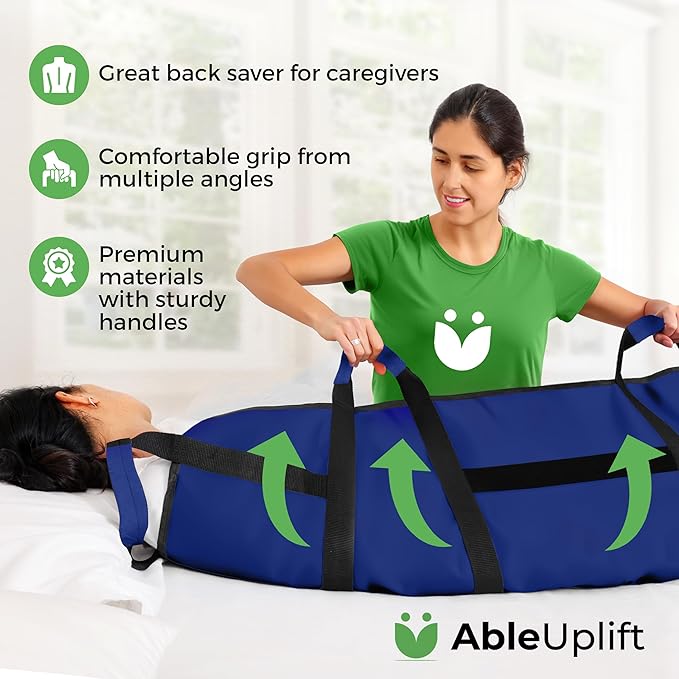Positioning Bed Pad with 8 Reinforced Padded Handles - Washable Transfer Sheet for Lifting & Repositioning - Quick-Dry Patient Slide Blanket for Caregiver, Bedridden, Elderly - 48" x 40", Blue Ver 2