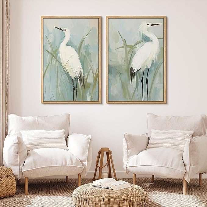 MUDECOR Framed Canvas Print Wall ArtWhite Heron Pair in Marsh Coastal Illustrations Modern Art Decorative Bohemian Colorful for Living Room, Bedroom, Office - 24"x36"x2 Natural