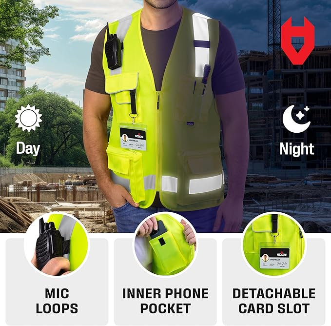NoCry Premium Reflective Safety Vest for Men with Heavy-Duty Stitching & Phone Pocket — ANSI Class 2 High-Visibility Neon Workwear with Multiple Pockets – Ideal for Construction Workers & Surveyors