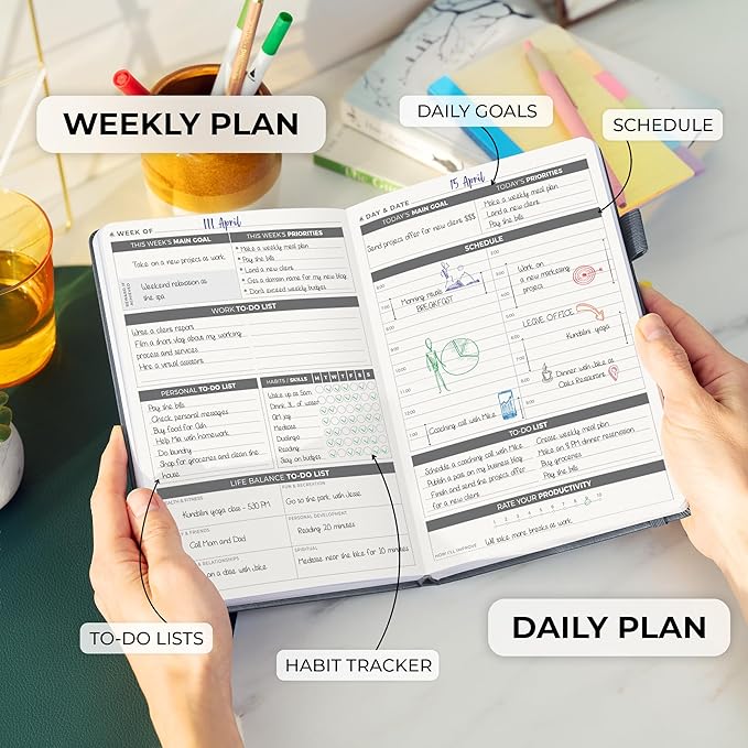 Clever Fox Daily Planner – Undated Planning Notebook with Hourly Schedule & To-Do List – Personal Day Task & Work Organizer, 6 Months (Silver Black)