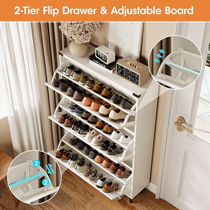 Shoe Cabinet with 3 Flip Drawers,Farmhouse Shoe Organizer Cabinet with Legs for Entryway,Narrow Slim Freestanding Rack Cabinet for Foyer,Hallway,White