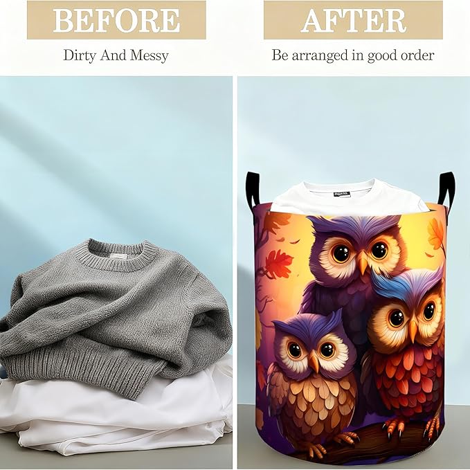 Cute Owl Laundry Basket Hamper for Boys Girls Kids Adults, Foldable Waterproof Oxford Clothes Storage Bin, Forest Animal Organizer for Bedroom Bathroom Room Decor 19.7"x15.8"