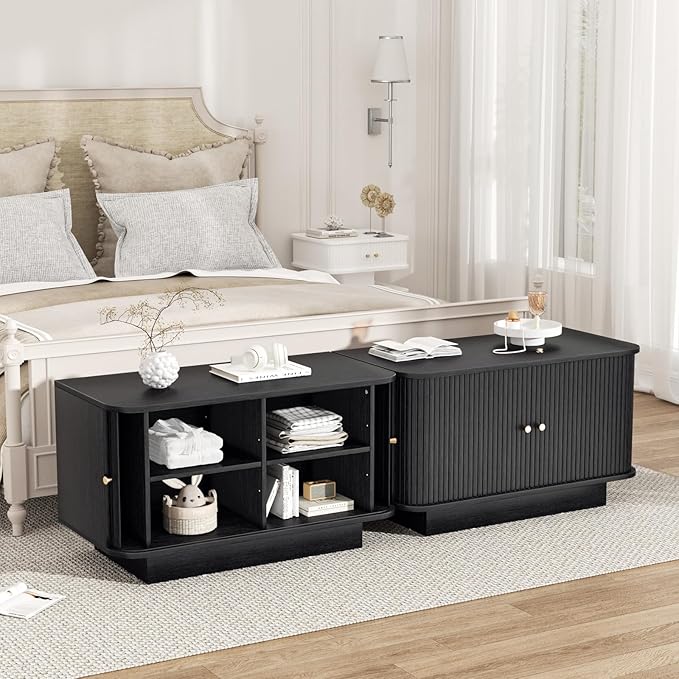 63" W Small Shoe Storage Bench, Shoe Bench Entryway with Sliding Doors and Adjustable Shelvs, Wooden Low Cabinet for Hallway, Living Room, Bedroom, Apartment, Dorm, Mudroom, Garage, Black, 2PCS