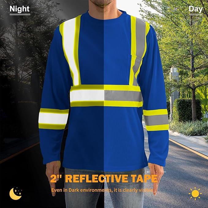 Hi Vis Safety Long Sleeve Shirts，High Visibility Class 3 T Shirts with Reflective Strips and Pocket, Quick Dry Mesh Construction Work Shirt for Men/Women (Blue,XL)
