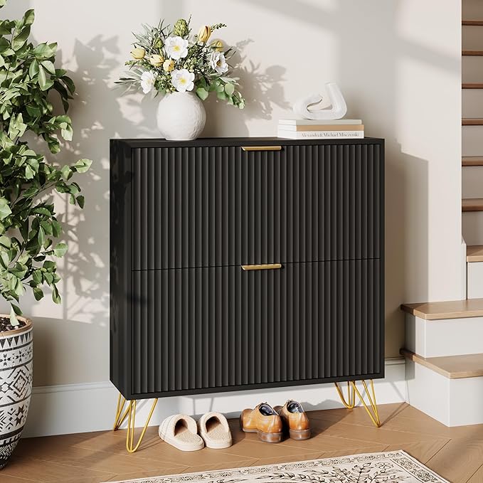 Shoe Storage Cabinet with 2 Flip Drawers, 31.5" W Fluted Shoe Cabinet for Entryway, Hidden Shoe Cabinet Storage, Narrow Free Standing Shoe Orgnaizer Rack Cabinet for Foyer Hallway, Black