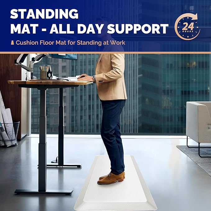 FEATOL Anti Fatigue Mats for Standing, 9/10 Extra Thick Ergonomic Standing Desk Mat, Comfort & Durable Memory Foam Standing Mat at Home,Office All Day (20" x 59", White, 1PC)